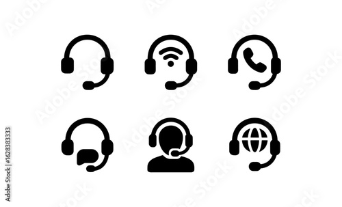Customer support icons set featuring headsets and communication symbols
