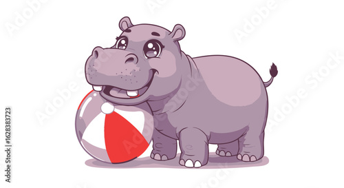 Cute cartoon hippo holding a beach ball, smiling happily.