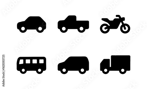 Silhouette icons of cars, truck, motorcycle, bus, and van on white background