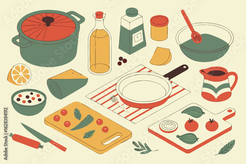  kitchen utensils, kitchenware, cookware, pots, pans, knives, cutting boards, dishes, glassware, bottles, jars, spices, herbs, fruits, vegetables, bowls, plates, cups, mugs, appliances, vases, kitch