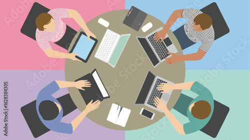 Stylized top-down view of four diverse individuals working at round table—colorful quadrants, laptops, tablets, and casual tech-driven teamwork