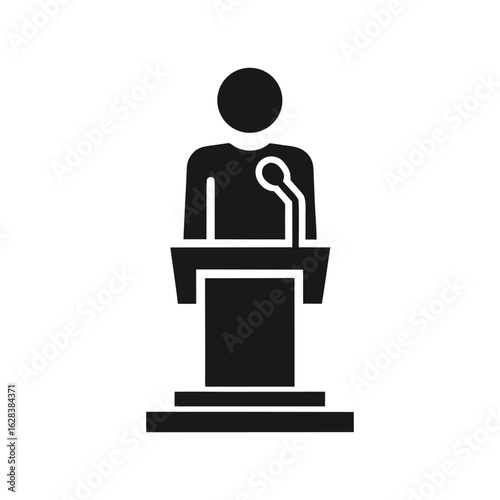 Stylized silhouette of a speaker at a multi-tiered podium with a microphone speech presentation