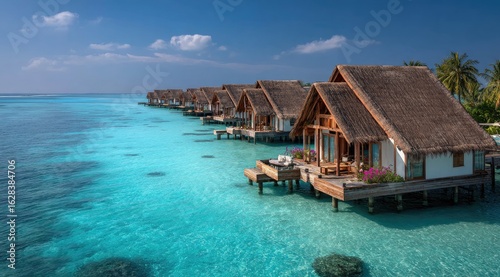 Tropical overwater bungalows in turquoise water