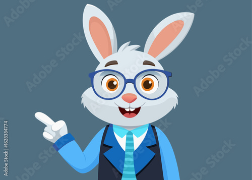 Smart bunny character pointing and smiling