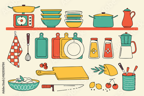  kitchen utensils, kitchenware, cookware, pots, pans, knives, cutting boards, dishes, glassware, bottles, jars, spices, herbs, fruits, vegetables, bowls, plates, cups, mugs, appliances, vases, kitch