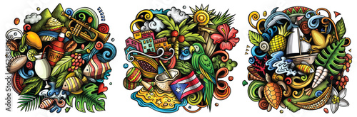 Puerto Rico cartoon vector doodle designs set