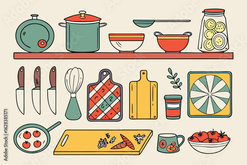  kitchen utensils, kitchenware, cookware, pots, pans, knives, cutting boards, dishes, glassware, bottles, jars, spices, herbs, fruits, vegetables, bowls, plates, cups, mugs, appliances, vases, kitch