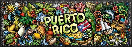 Puerto Rico cartoon doodle vector chalkboard banner