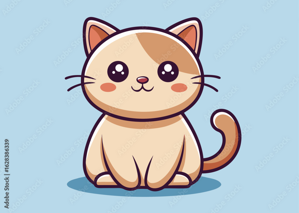 Fototapeta premium Cute cartoon cat sitting with big eyes and pink cheeks
