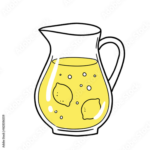 Pitcher of lemonade with lemon slices and bubbles in simple style  