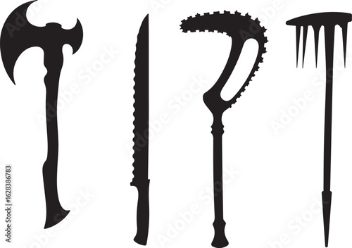 Fantasy weapon silhouettes: axe, knife, scythe, spear