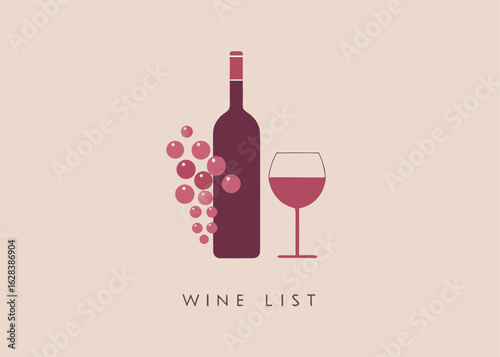 Minimalist wine bottle grapes and glass with wine list text