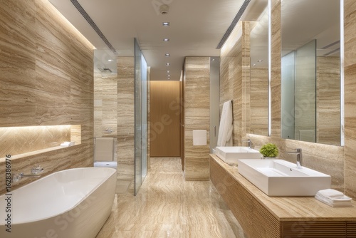 Luxurious, modern bathroom with light beige stone walls, a freestanding bathtub, and double vanities