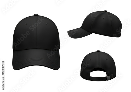 Three views of a black baseball cap isolated on transparent background