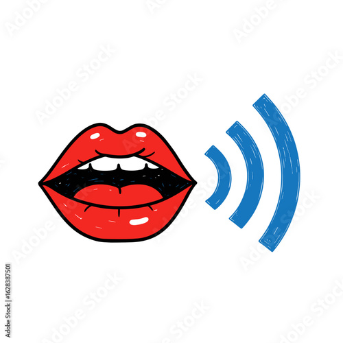 Red lips producing sound waves in pop art style  
