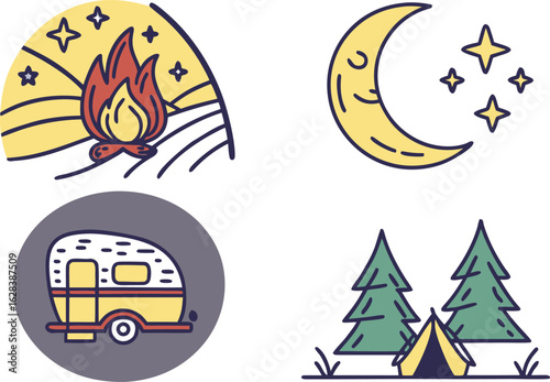 Illustration showing camping elements including a campfire, moon and stars, camper van, and tent with trees