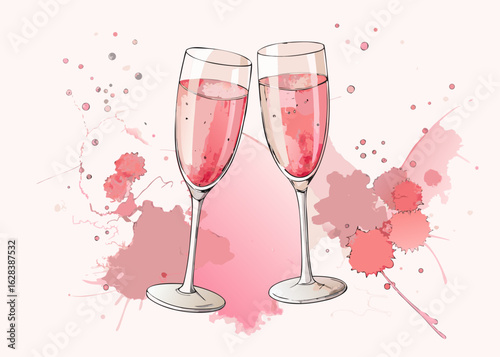 Two glasses of pink champagne clinking with watercolor splashes