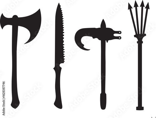 Ancient weapons set axe knife halberd trident silhouette