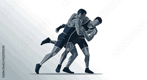 Geometric Style Two Wrestler Silhouette Performing Sport Grapple Match Illustration