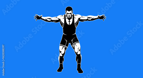 Silhouette Strong Muscular Wrestler Man Standing with Arms Wide Open Illustration