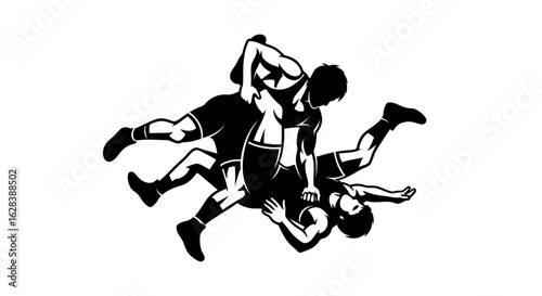 Bold Silhouette of Two Wrestlers in Intense Action Sport Graphic