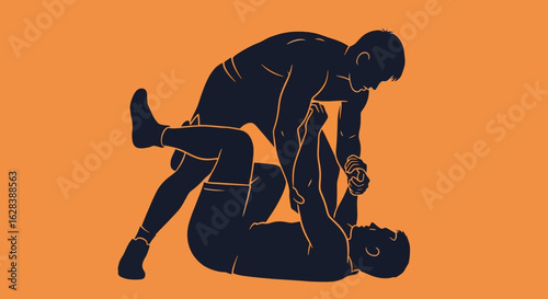 Minimalist Silhouette Style Two Men Wrestling Grappling Fight Sport Illustration