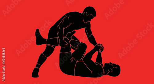 Minimalist Silhouette of Two Men Wrestling in Grappling Hold Illustration