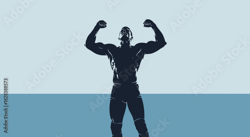 Minimalist Muscular Man Silhouette with Arms Raised in Gym Illustration