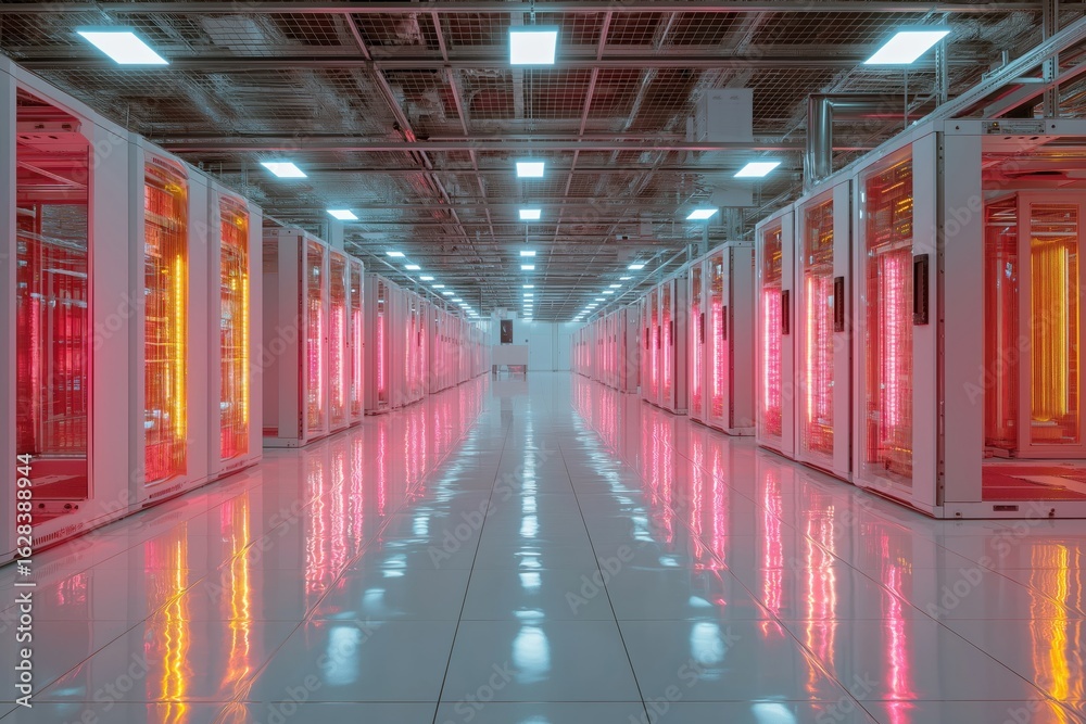 Fototapeta premium Futuristic data center with glowing server racks and precisely arranged cabling