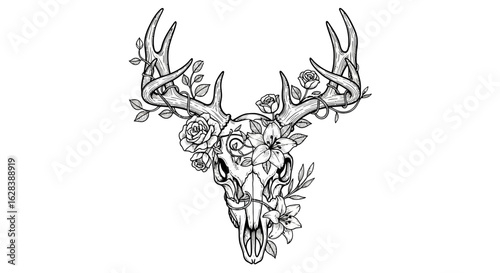 Detailed Line Art Deer Skull with Floral Ornament Illustration