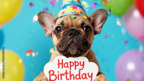 Greetings happy birthday. Close Up of French Bulldog Puppy Wearing Birthday Party Hat With Colorful Balloons