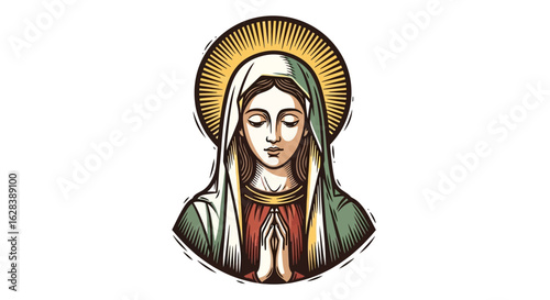 Vintage Religious Virgin Mary Illustration with Halo and Prayer Posture