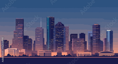 Minimalist Cityscape Downtown at Dusk with Geometric Building Illustration