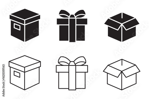 Cardboard box icon set. Carton container unpacking process vector illustration. Empty cargo package symbol for shipping or delivery service. Isometric transportation boxes set.