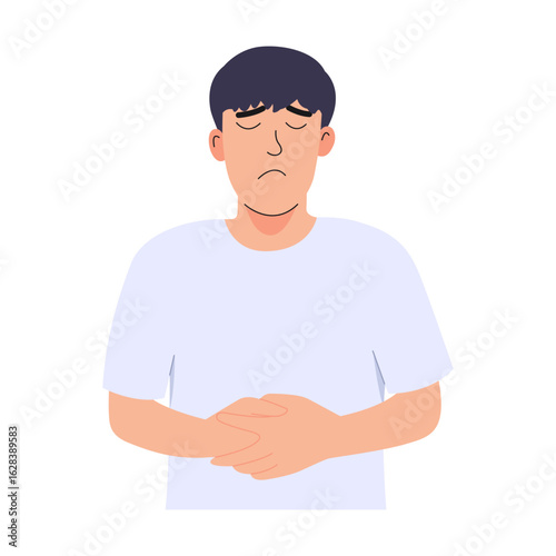 Abdominal pain and stomach diseases. Acute gastritis. Chronic bowel inflammation. Hungry man holding stomach. Diarrhea pain male. Vector illustration on white background. 