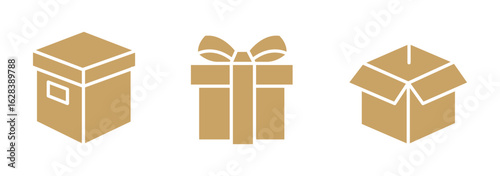 Cardboard box icon set. Carton container unpacking process vector illustration. Empty cargo package symbol for shipping or delivery service. Isometric transportation boxes set.