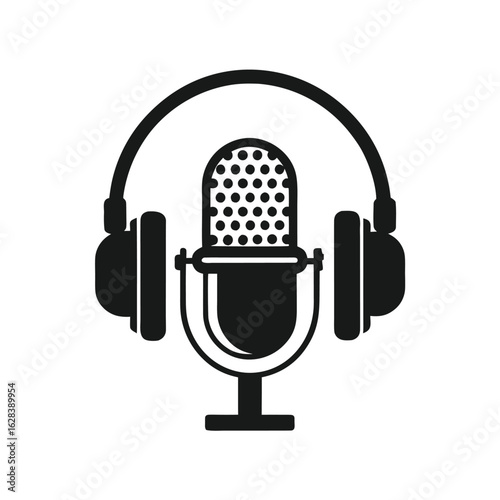 Black silhouette icon of a vintage microphone with headphones on a white background audio sound