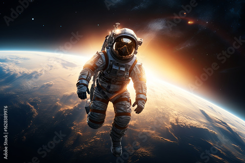 Astronaut floats through outer space with the sun casting a warm glow in the background, showcasing a breathtaking view of Earth