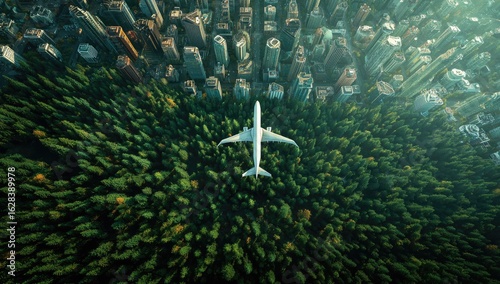 Aerial view of a plane flying over a city and forest