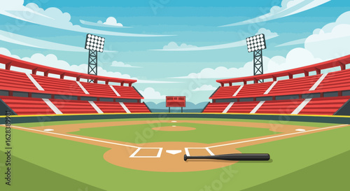 Colorful Detailed Baseball Stadium Landscape Illustration with Dugout and Bat