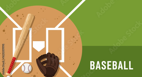 Flat Lay Baseball Equipment Illustration with Home Base and Green Background