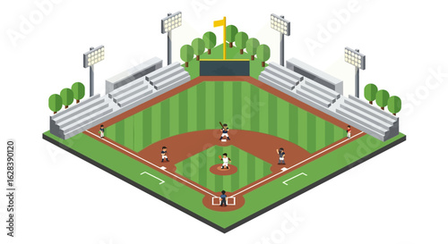 Isometric Detailed Baseball Field with Players and Stadium Seating Illustration