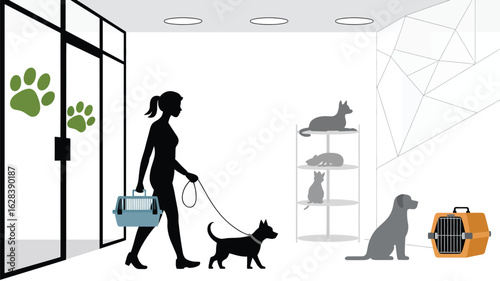 Veterinary clinic scene with person walking dog, pet carrier in hand, and animals in waiting area—ideal for pet care, medical, or community themes
