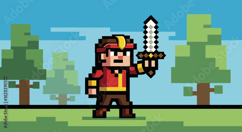 Pixelated Game Character Illustration of a Hero with Sword in Nature
