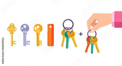 Flat Style Various Keys with Hand Isolated on White Background