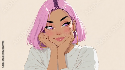 Illustration of a woman with pink hair. Illustration of an attractive female character. AI-generated.