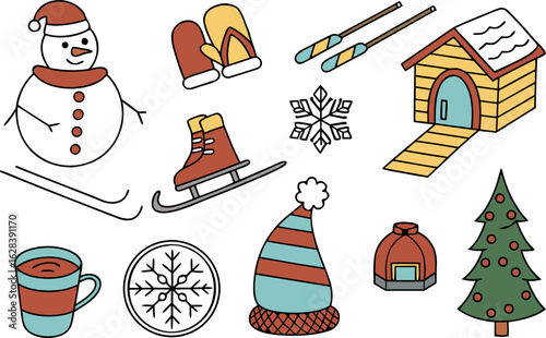Illustration depicting winter vacation elements including snowmen skis skates hat mittens snowflake mug and house