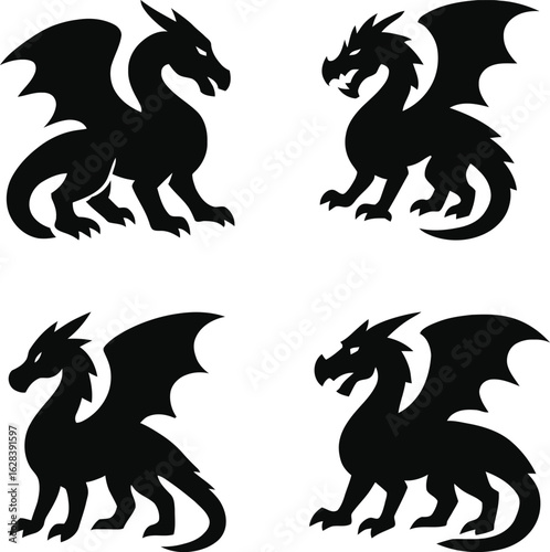 Wallpaper Mural Set of four black dragon silhouettes. Mythical fantasy creature vector art icons. Torontodigital.ca