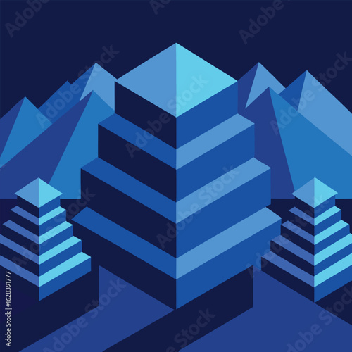 Vector art of isometric blue pyramids and mountains in a dark landscape