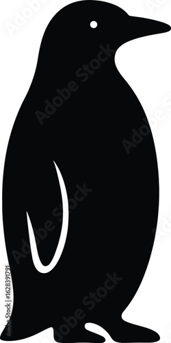 Black penguin silhouette standing in profile. Simple vector animal logo icon design.